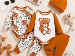 Ensemble bébé 6 pièces motif ours – manches longues avec bonnet automne/hiver