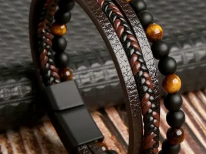 Bracelet homme multicouche en PU avec pierres – style élégant et moderne