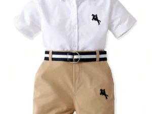 Ensemble garçon 2 pièces avec chemise manches courtes brodée et short kaki confortable été