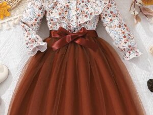 Robe longue à manches longues avec imprimé floral et filet pour jeune fille avec ceinture tissée