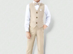 Ensemble garçon 4 pièces avec chemise blanche, gilet vert, pantalon et nœud papillon élégant