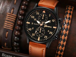 Montre homme à quartz avec calendrier – cadran rond et bracelet en cuir