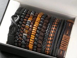 ot de 12 bracelets homme vintage en perles et PU – style casual et tendance