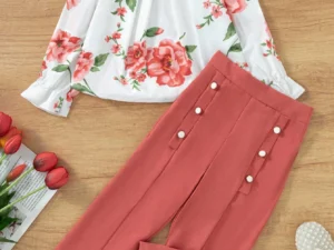 SHEIN Blouse Florale Pour Fille Avec Pantalon À Double Boutonnage