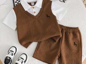 Ensemble garçon 2 pièces avec t-shirt manches courtes brodé et short jacquard confortable été