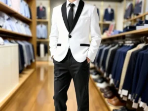 Costume garçon 2 pièces avec blazer blanc slim et pantalon noir pour cérémonie et événements
