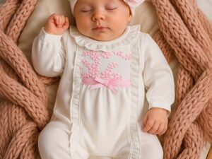 Ensemble barboteuse bébé fille 2 pièces – manches longues avec volants et bonnet assorti (0-12 mois)