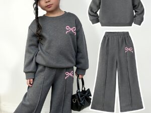 Ensemble fille 2 pièces en polaire avec sweat motif nœud et pantalon long chaud