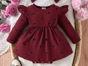 Robe bébé manches longues imprimé cœur avec foulard – tenue confortable