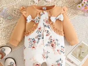 Combinaison à manches longues avec imprimé floral et nœud de bandeau, idéale pour l'extérieur