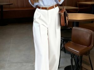 Pantalon long femme vintage taille haute, coupe droite. Idéal pour l'automne, confortable et élégant.