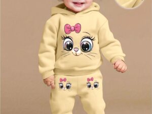 Ensemble bébé fille 2 pièces avec pull à capuche motif chat et pantalon