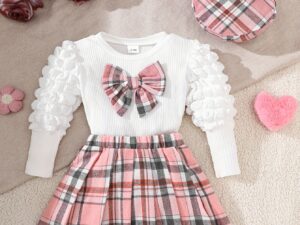 Ensemble bébé fille 3 pièces avec haut, jupe plissée et chapeau style collégial à carreaux