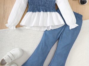 Ensemble fille 2 pièces avec haut manches longues boutonné et pantalon style denim