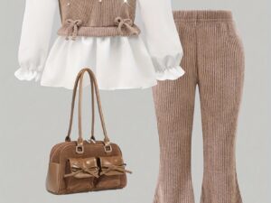 Ensemble fille 2 pièces avec haut élégant à col nœud et perles et pantalon évasé