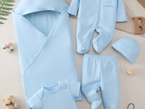 Ensemble bébé fille 7 pièces en coton – barboteuse manches courtes motif dessin animé avec bavoir