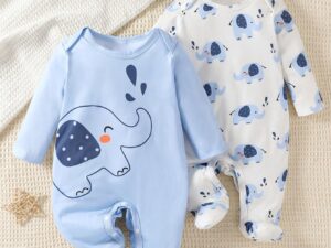 Grenouillère bébé garçon avec pieds motif éléphant – ensemble 2 pièces confortable