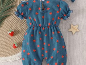Body bébé fille style denim avec motif fraise et foulard – manches courtes confortables