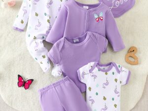 Lot de 8 bodies bébé fille 0–9 mois en coton respirant – violet